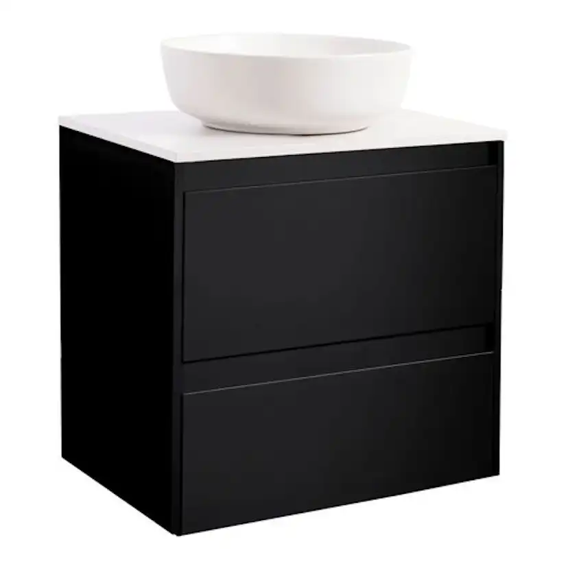 Luxor 60Sv. Bs Vit+Ts Rundvit Färg Tvättställsskåpet: Matt Svart, Färg Bänkskiva: Vit, Färg Tvättställ: Vit - B: 606 mm, H: 737 mm, D: 470 mm