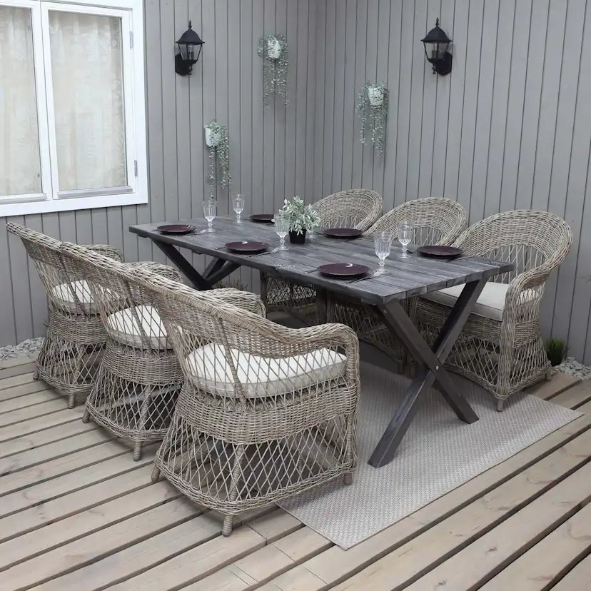 Matgrupp Utomhus Baltic Garden 190 cm bord & 6 Merida naturfärgade stolar