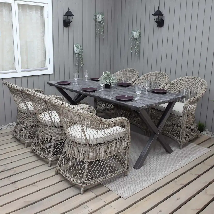 Matgrupp Utomhus Baltic Garden 190 cm bord & 6 Merida naturfärgade stolar