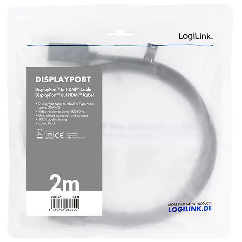 Kabel LogiLink DisplayPort 1.2 till HDMI 1.4 4K 2 m