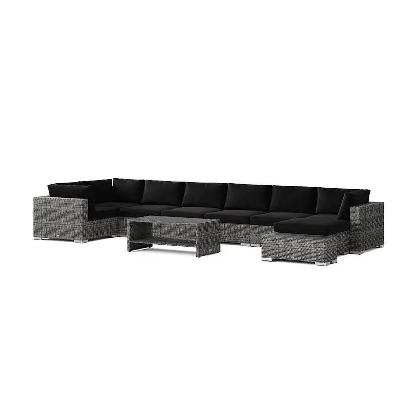 Loungegrupp Comfort Garden Bahamas utomhus U-soffa 8-sits vändbar divan med öppet avslut och bord med hylla