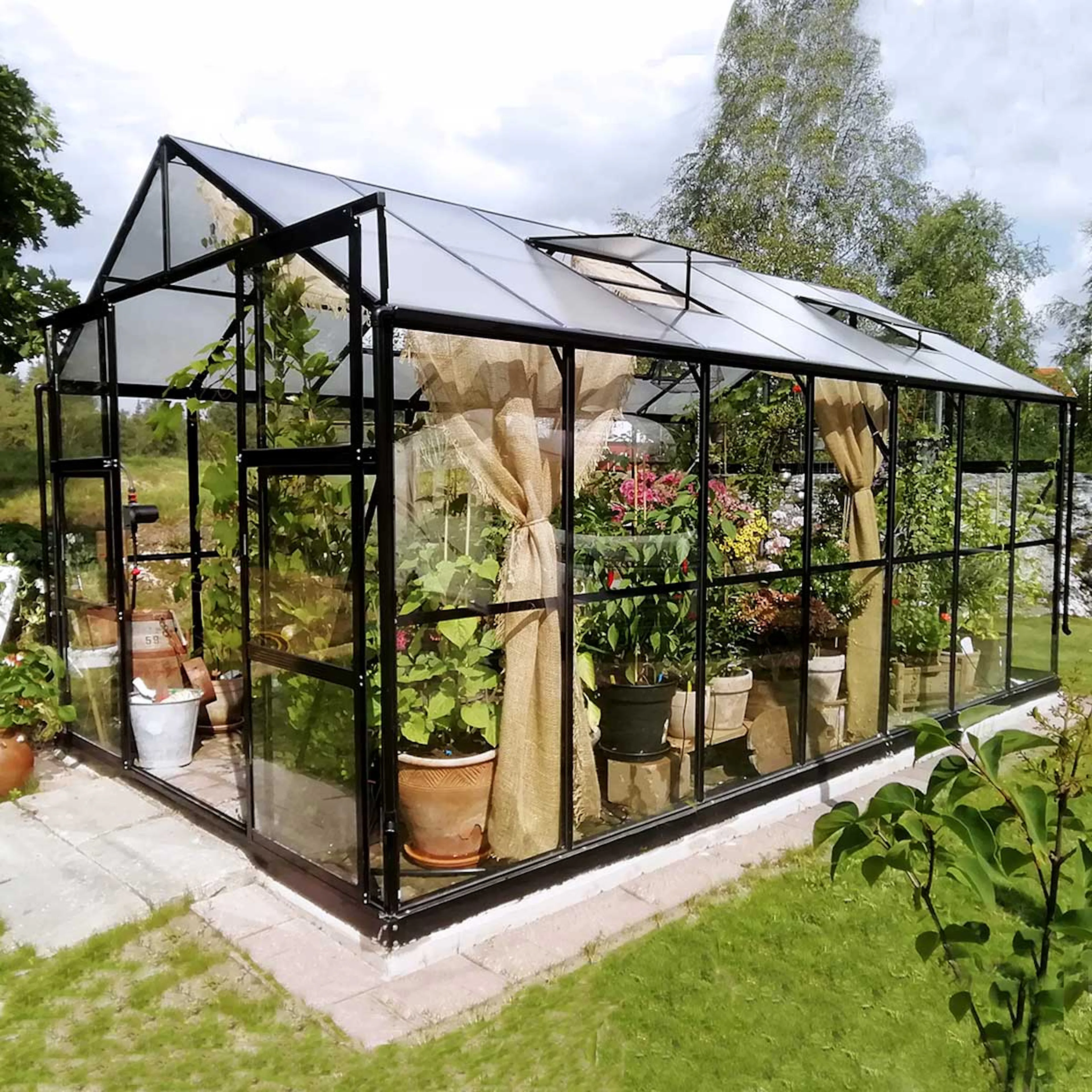 Växthus 11,13m2, glas, pc-tak(433X257X228CM),Svart Svart
