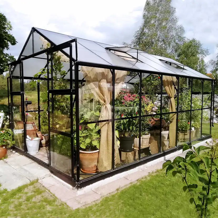 Växthus 11,13m2, glas, pc-tak(433X257X228CM),Svart Svart