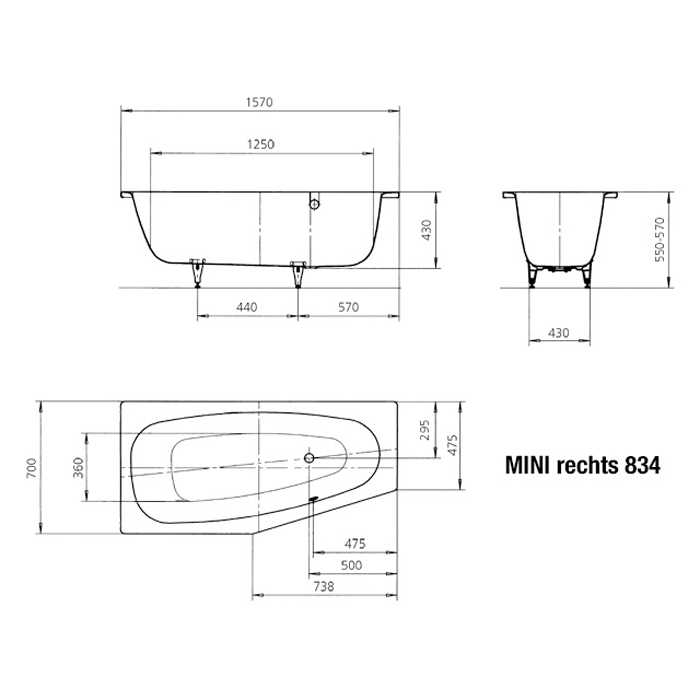 Inbyggnadsbadkar Kaldewei MinixStorlek: 1570x700x420 mm, Färg: Black, Utförande: Höger