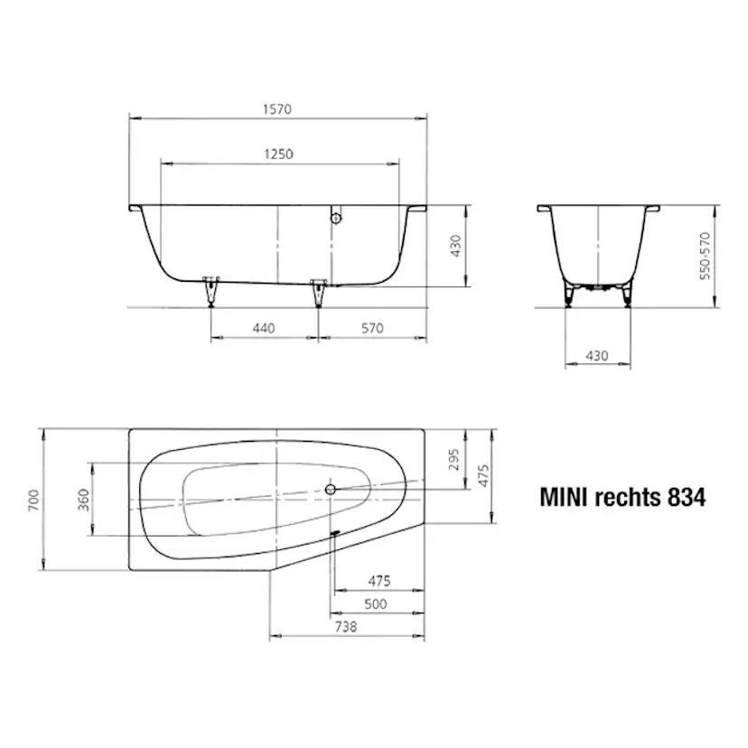 Inbyggnadsbadkar Kaldewei MinixStorlek: 1570x700x420 mm, Färg: Black, Utförande: Höger