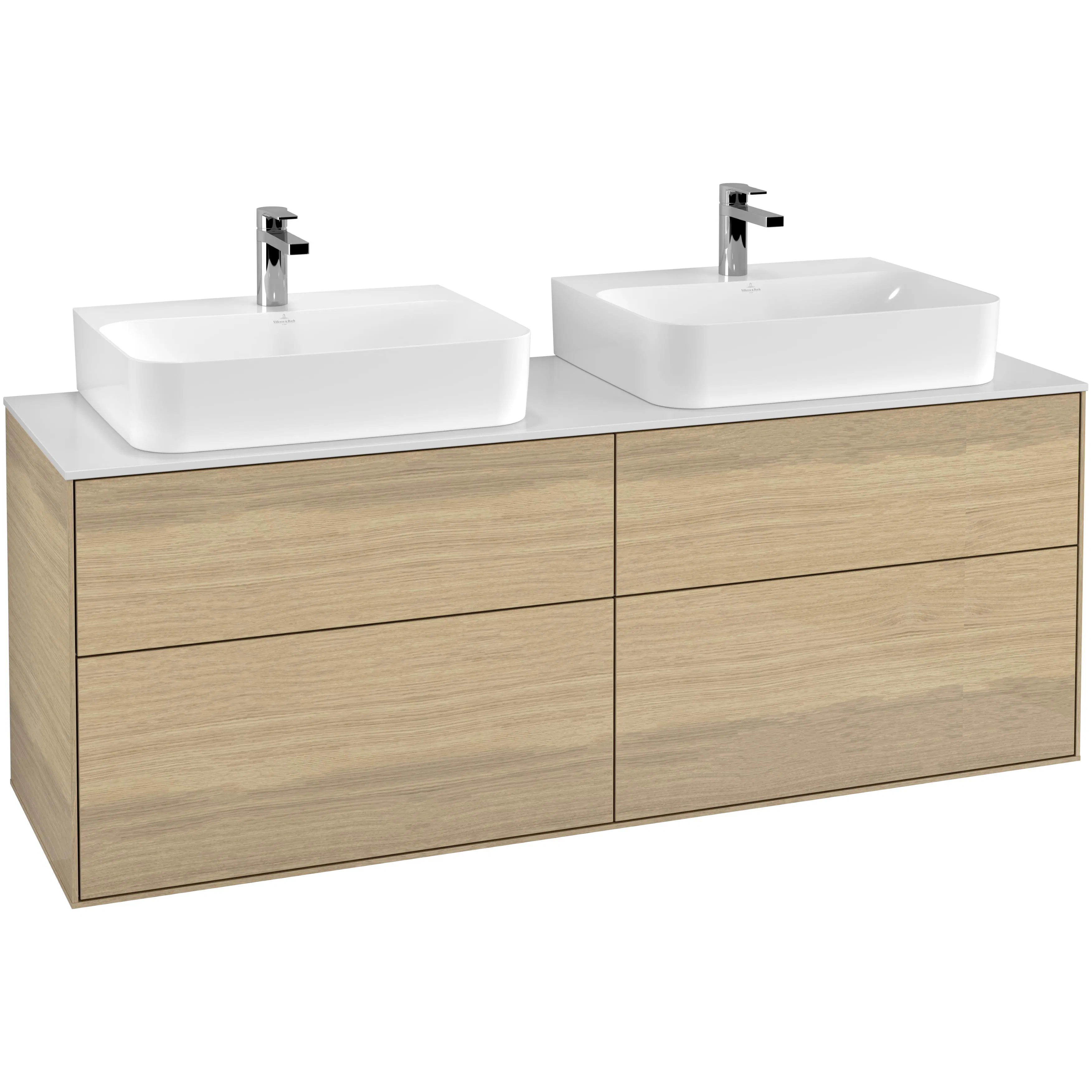Tvättställsskåp Villeroy & Boch Finion G18100PC Ekfanér med bänkskiva i Mattvitt glas med Väggbelysning