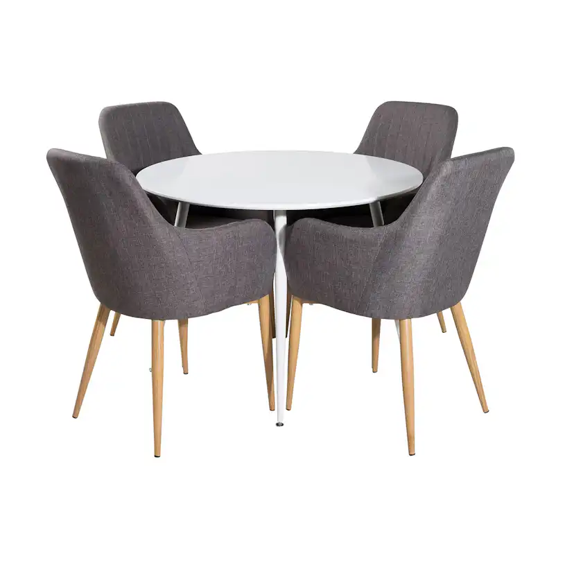 Plaza Round Table - White top /Comfort Chair- Darkgrå/ Oak_4 Vit/Mörkgrå/Ek