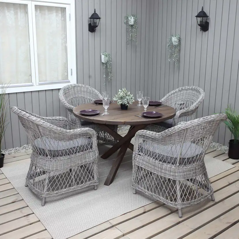 Matgrupp Utomhus Baltic Garden Ø 112 cm bord & 4 Merida grå stolar