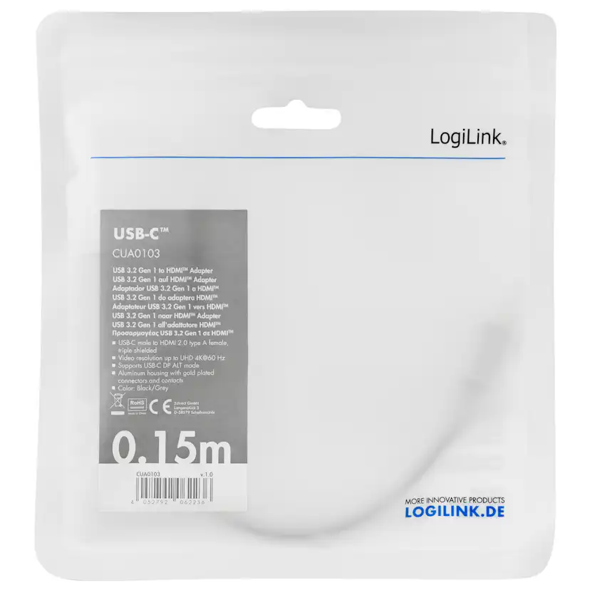 Adapter LogiLink USB-C till HDMI 4K/60Hz Aluminium 15 cm