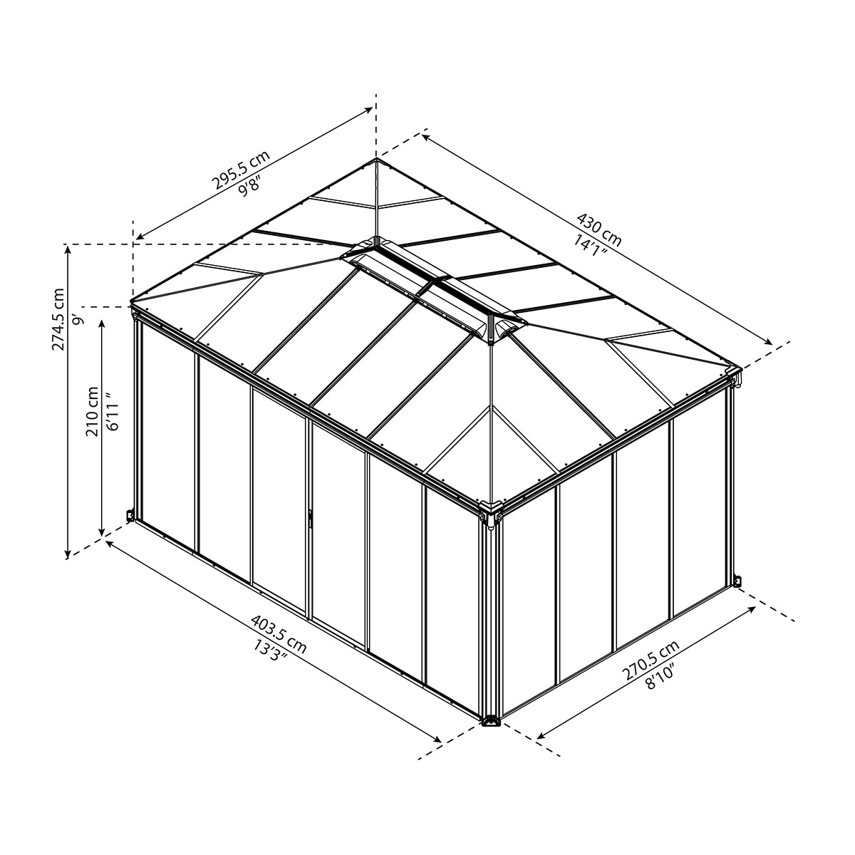 Växthus/Orangeri Canopia by Palram Ledro Aluminiumstomme med UV-Skyddat Glas, Låsbara Dörrar, Grå, 12,7 m²