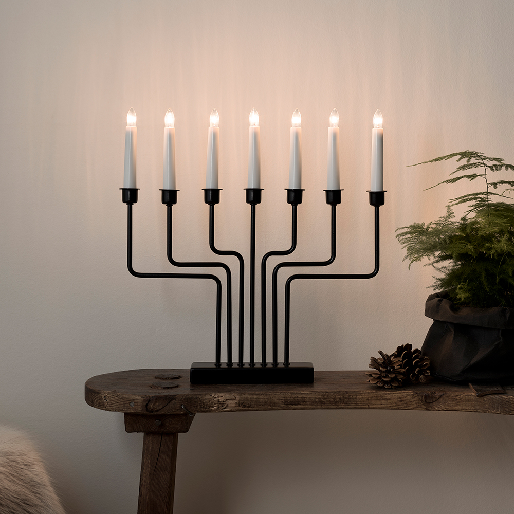 Elljusstake 7 ljus metall svart, svart kabel 24V/IP20 Svart