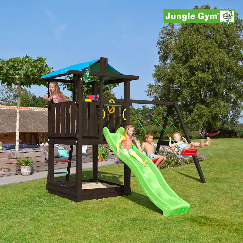 Lektorn Jungle Gym Hut inkl. swing module xtra och rutschkana, grundmålat svart