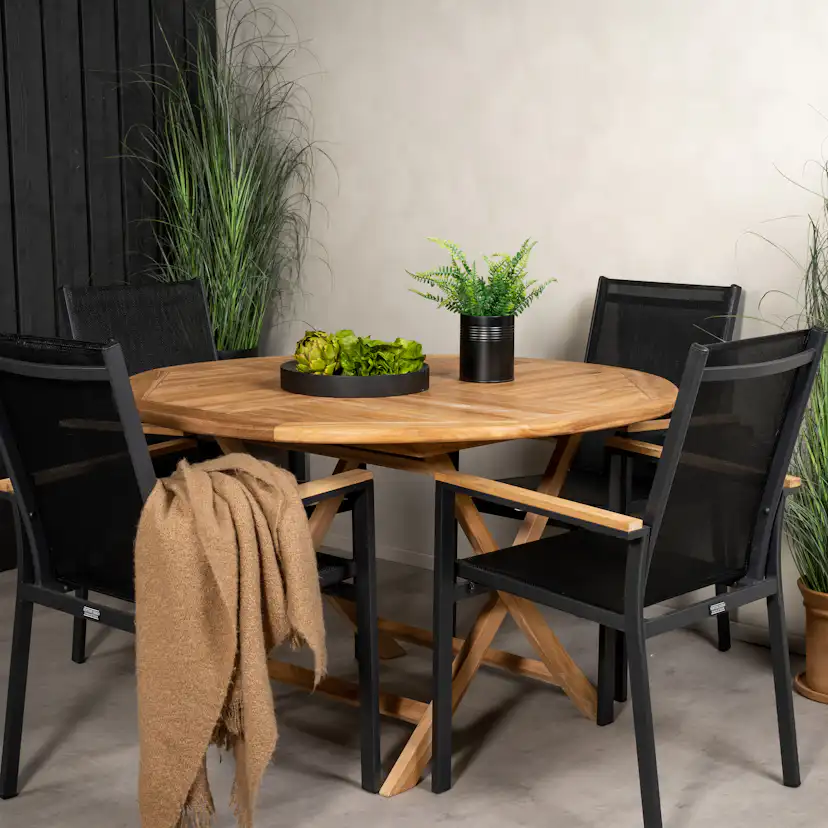 Kenya Round Bordø120cm-Teak+Texas stol-svart/Teak4 Svart/Teak