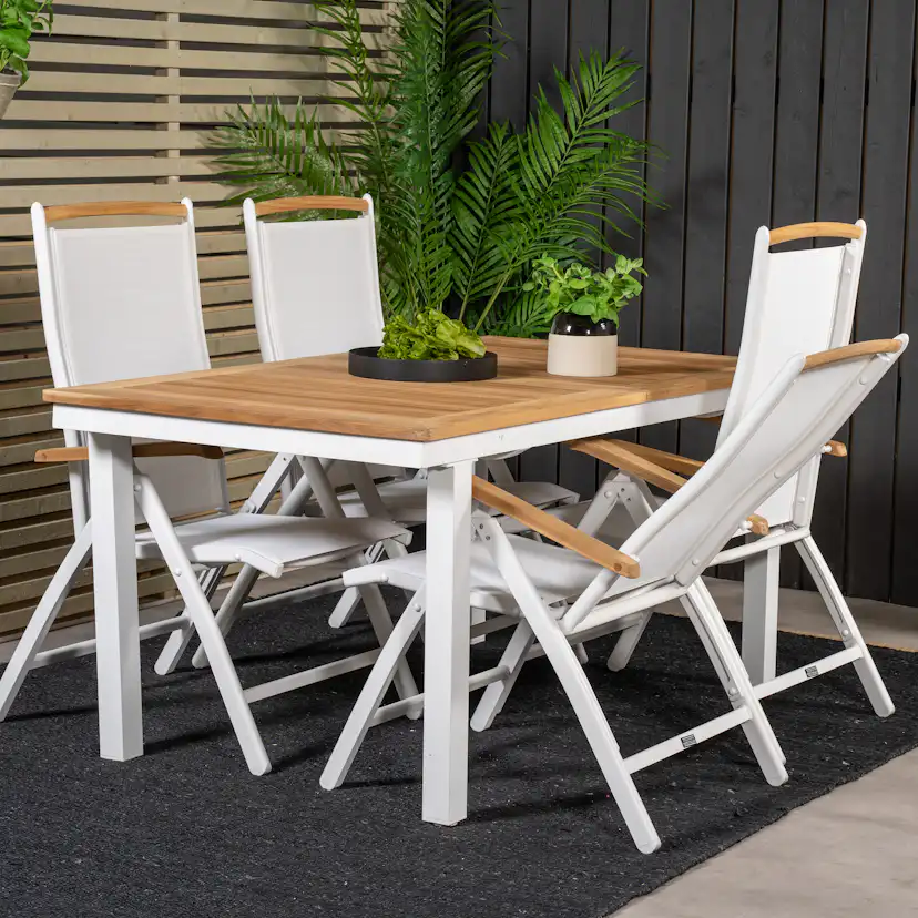 Panama bord 160/240*90-Vit Alu/Teak+stol 5:pos-Vit Alu/Teak4 Teak Bord med Matt Vita Ben, Vit Stol