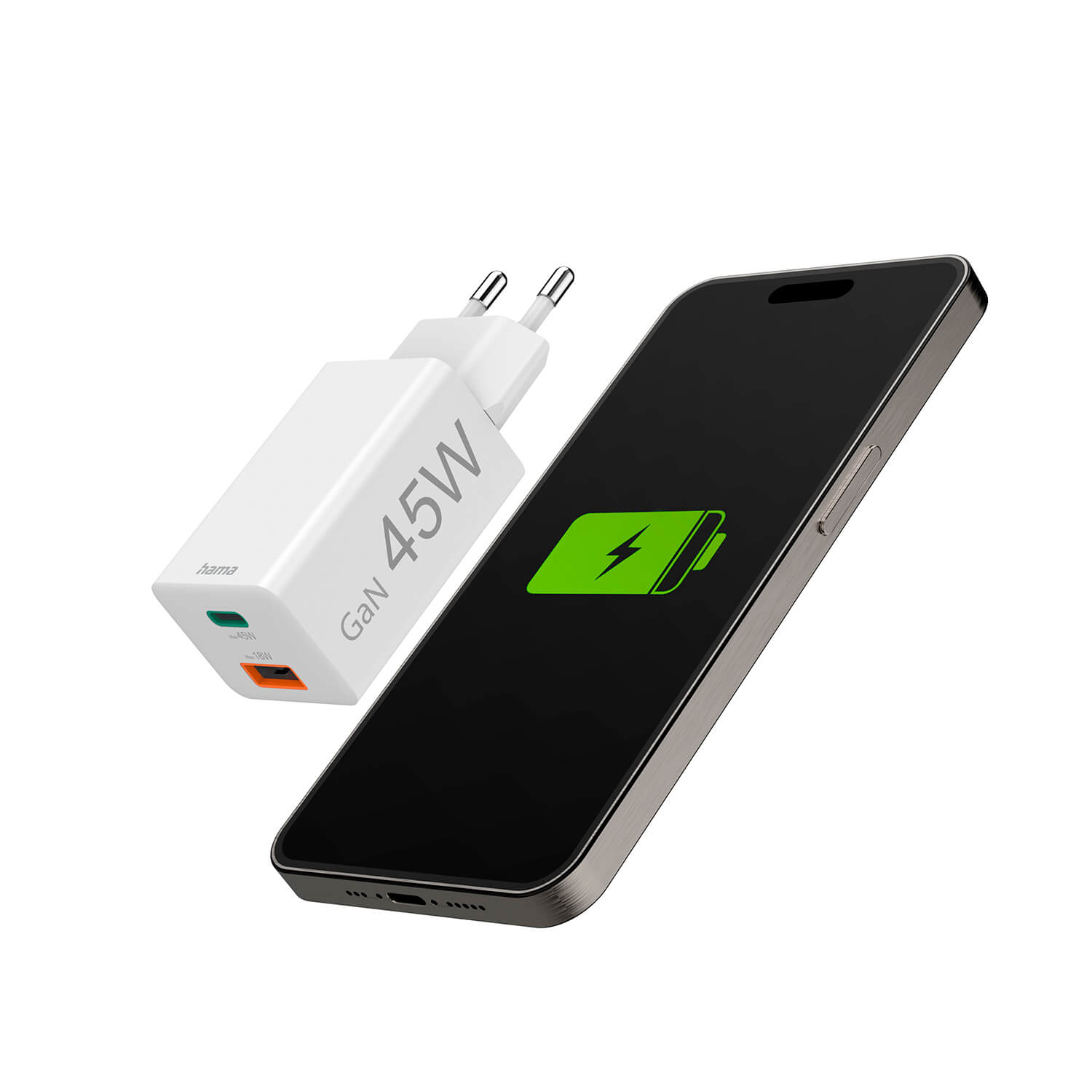 Laddare HAMA 1x USB-C 1x USB-A GaN 45W Vit