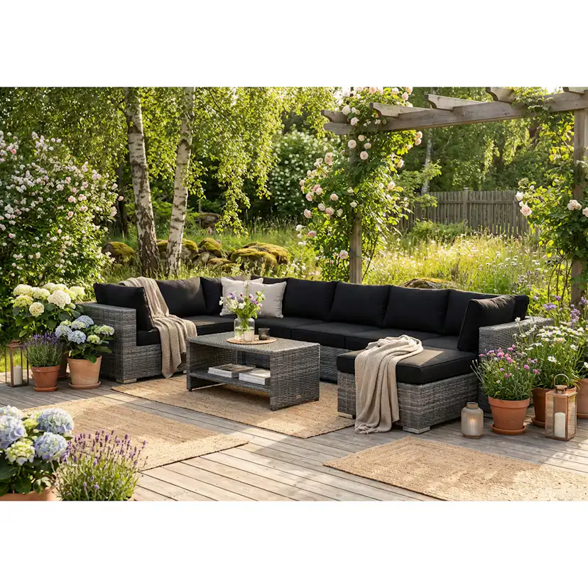Loungegrupp Comfort Garden Bahamas U-formad utomhus loungegrupp 7-sits med vändbar divan och bord med hylla