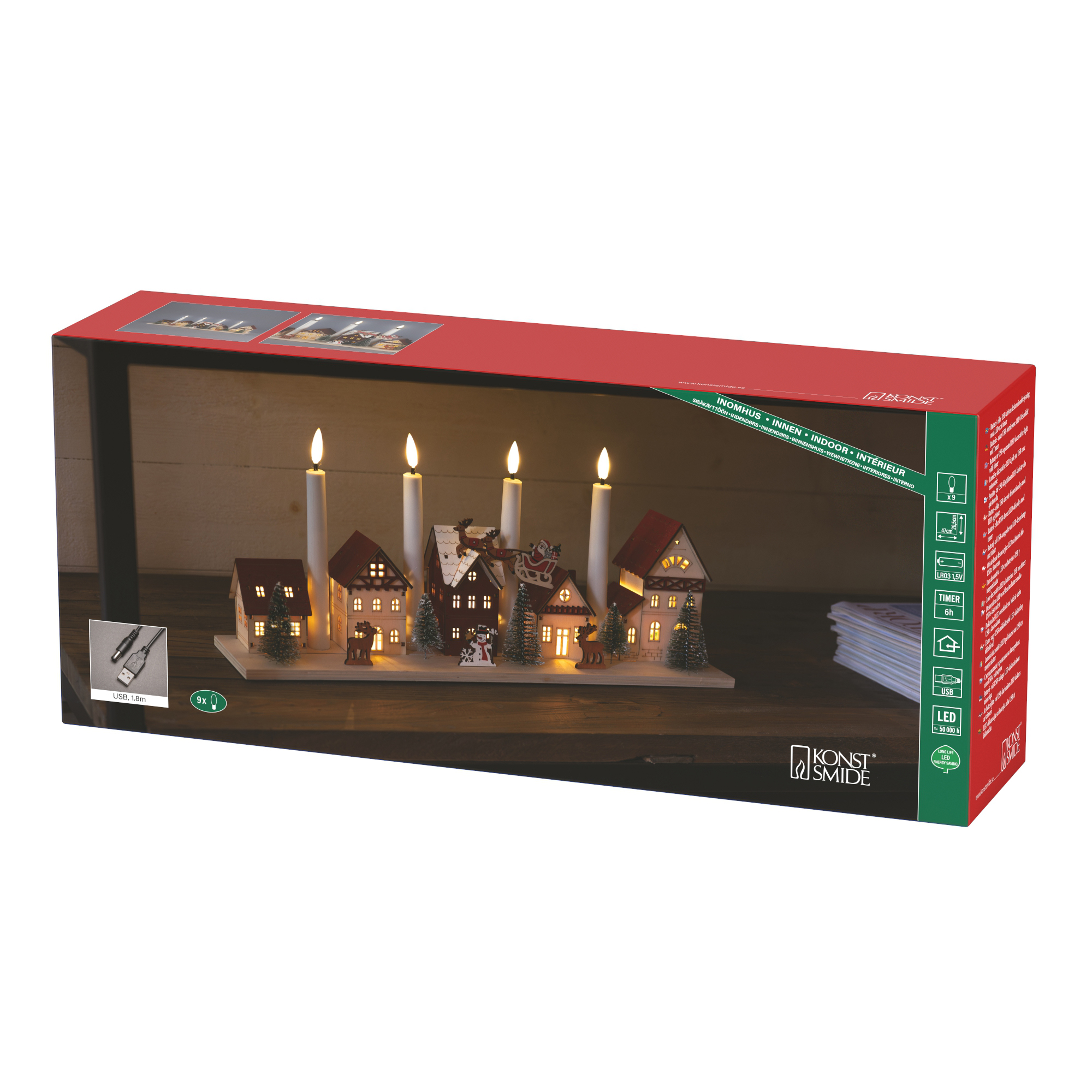 Adventsljusstake Gnosjö Konstsmide Siluett Julby 4 Ljus Batteridriven/USB