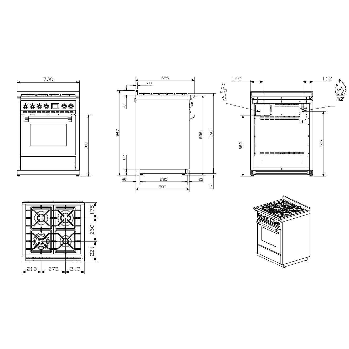 Gasolspis Steel Ascot Combi-Steam 70cm med Ugn