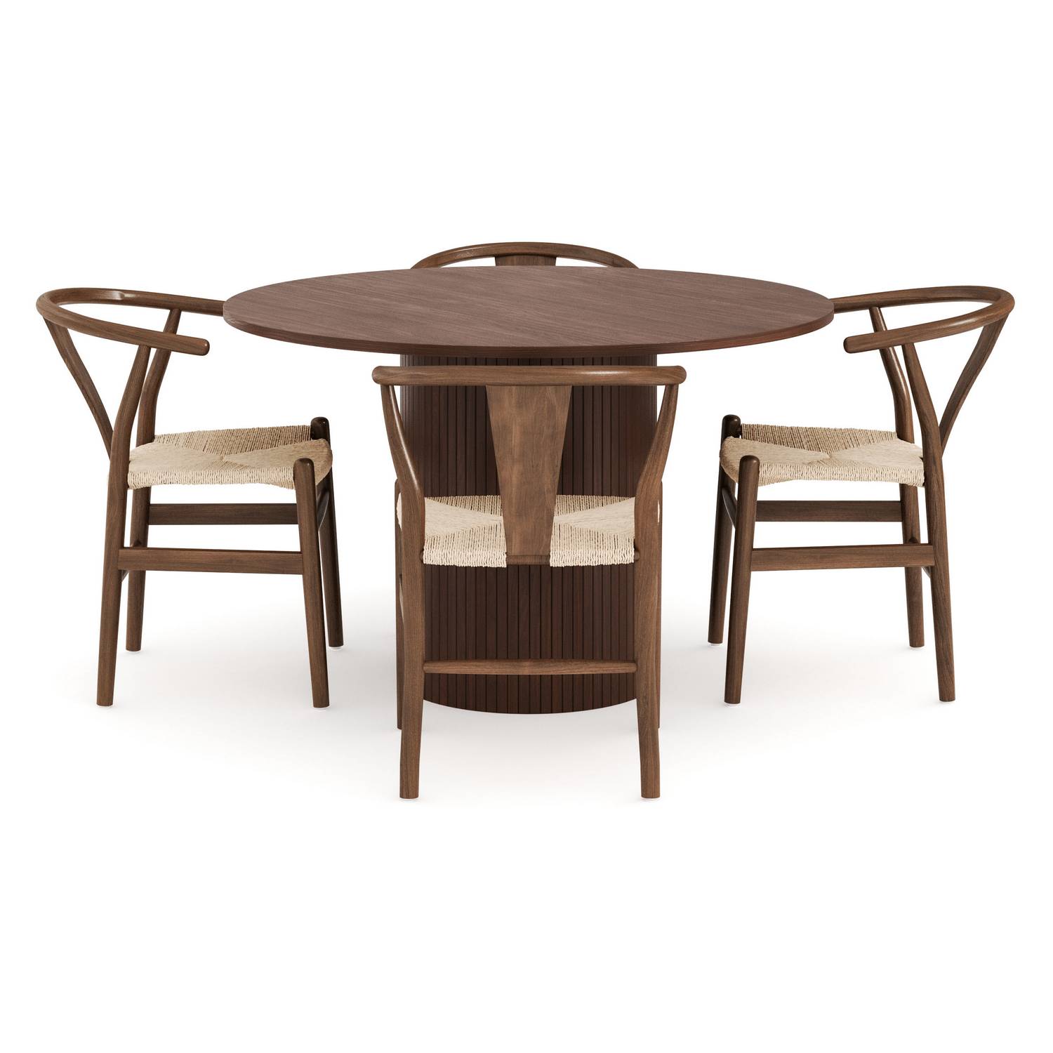 Matgrupp Bark Kopparbo Runt Matbord 120 cm med 4 Dastoori Matstol Valnöt