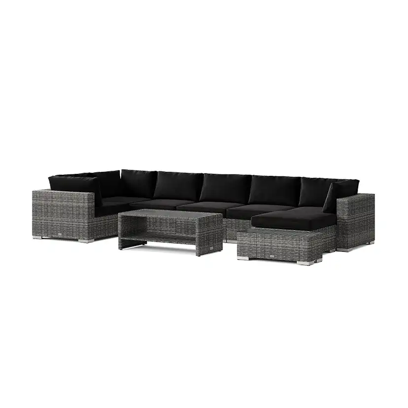 Loungegrupp Comfort Garden Bahamas utomhus U-soffa 7-sits vändbar divan med öppet avslut och bord med hylla