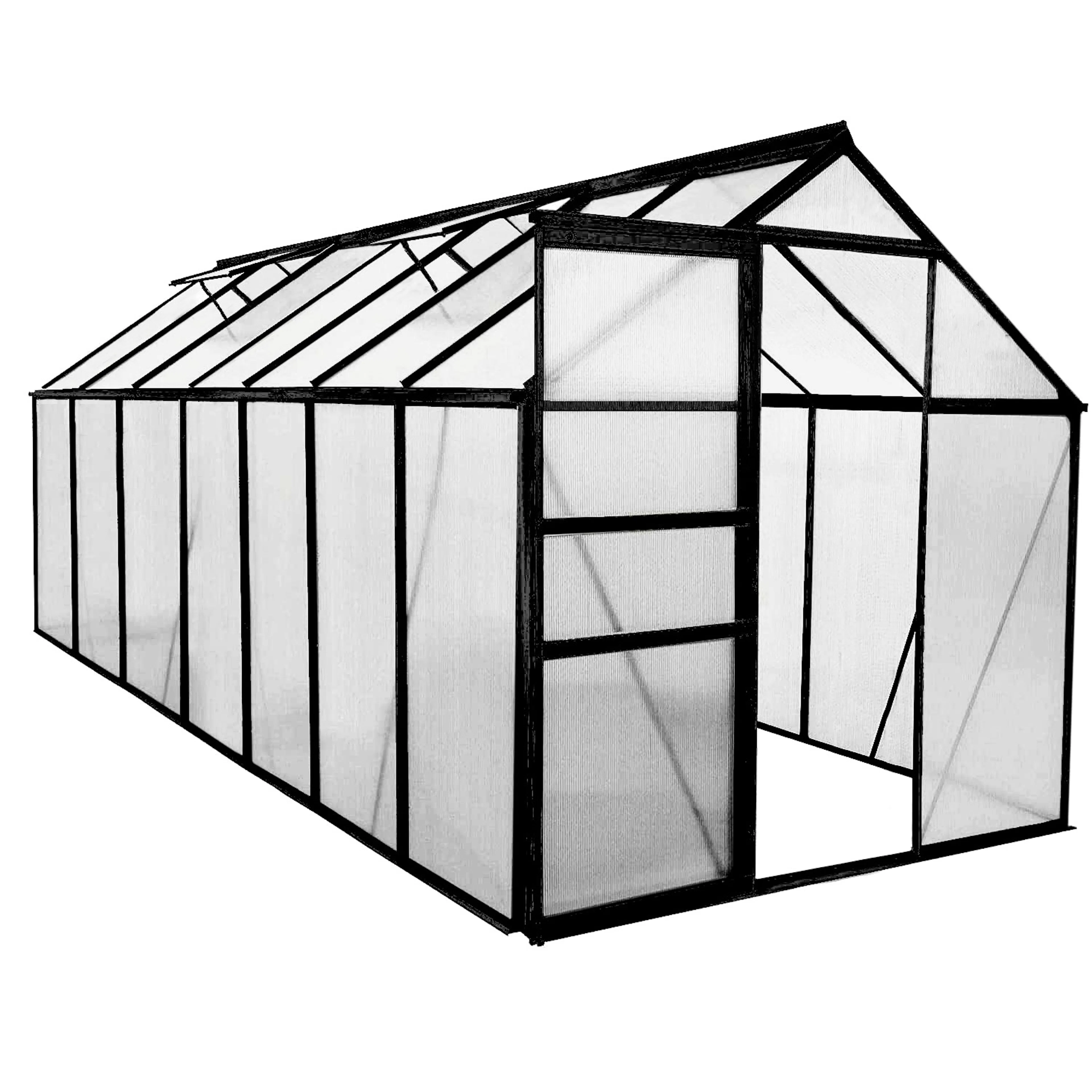 Växthus Green Land Svart Aluminiumstomme med Skjutdörr & Öppningsbara Polykarbonatfönster, 8,2 m²