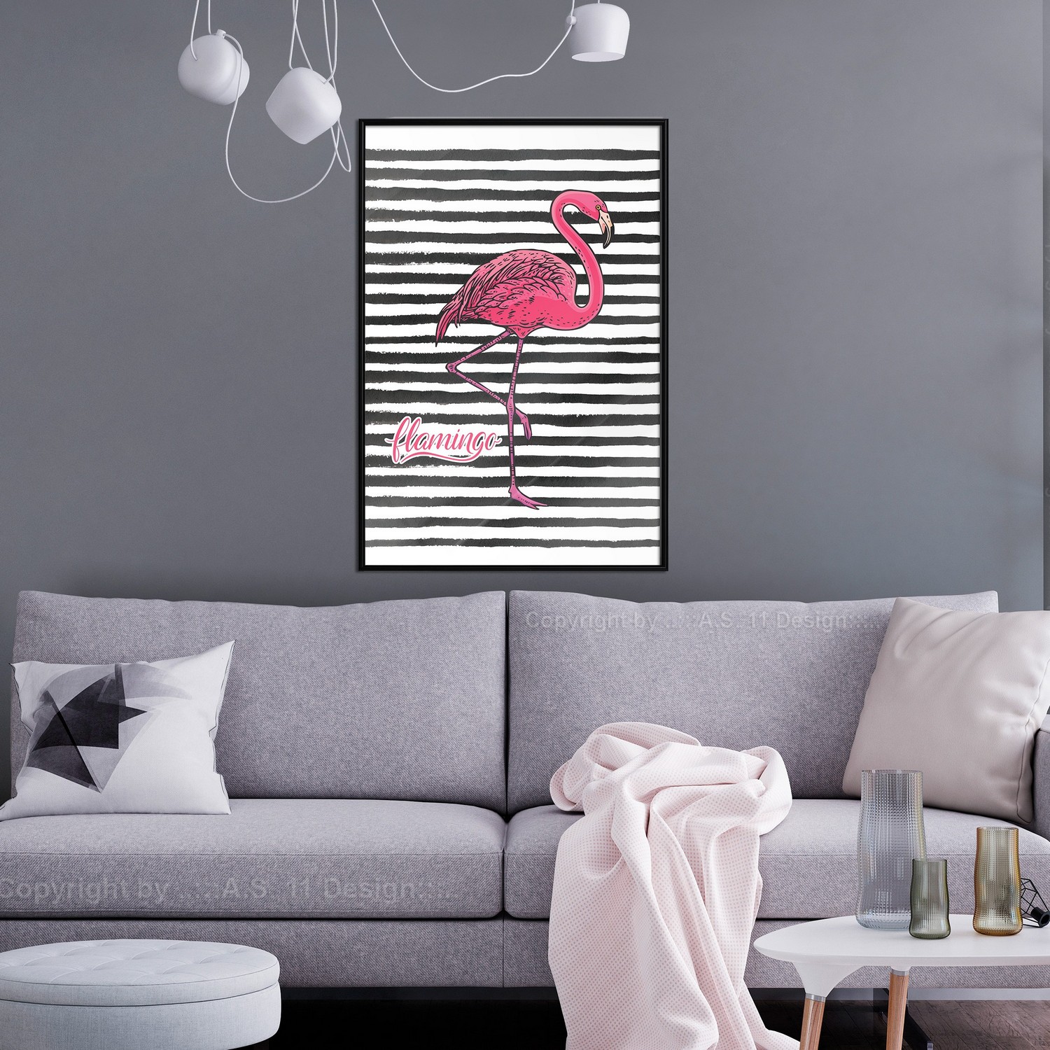 Poster Artgeist Affisch Black Stripes and Flamingo