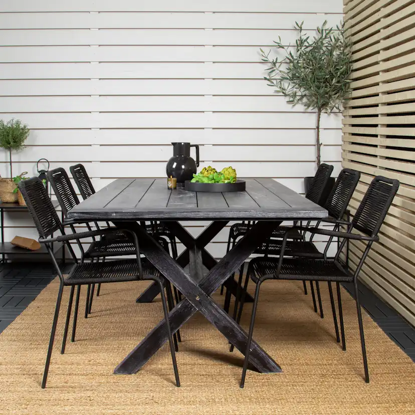 Rives Dining Table 200*100cm - Black Acacia+Lindos Armchair Svart/Svart