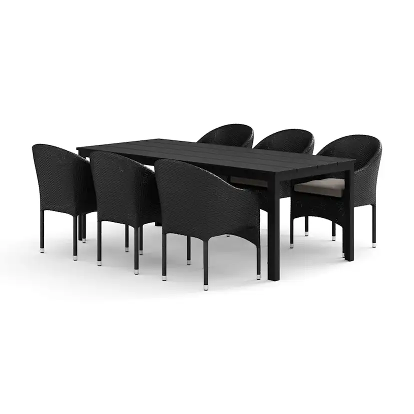 Trädgårdsgrupp Comfort Garden Tunis utomhus matgrupp 205x90 cm med 6 Thor fåtöljer