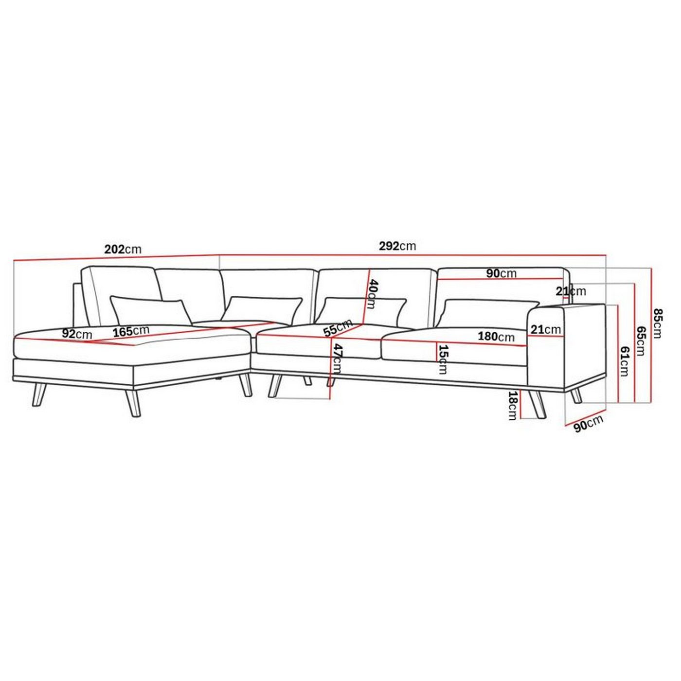Schäslongsoffa Scandinavian Choice Copenhagen 4-sits Grand 1, Beige Tyg, Valnötsfinish, Vänstervändx