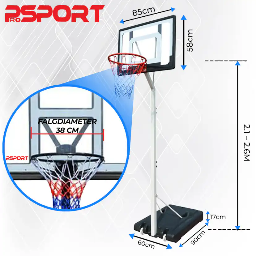 Basketställning ProSport Ungdom Justerbar Basketkorg med Hjul 2,1-2,6m