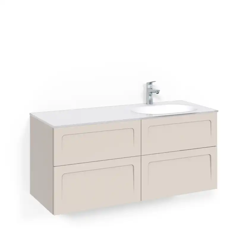 Crown Kommod 120x45D Beige Shape Vitt Glashandfat Höger Ho Bredd: 1200 mm, Beige, Glastvättställ Vit, Höger