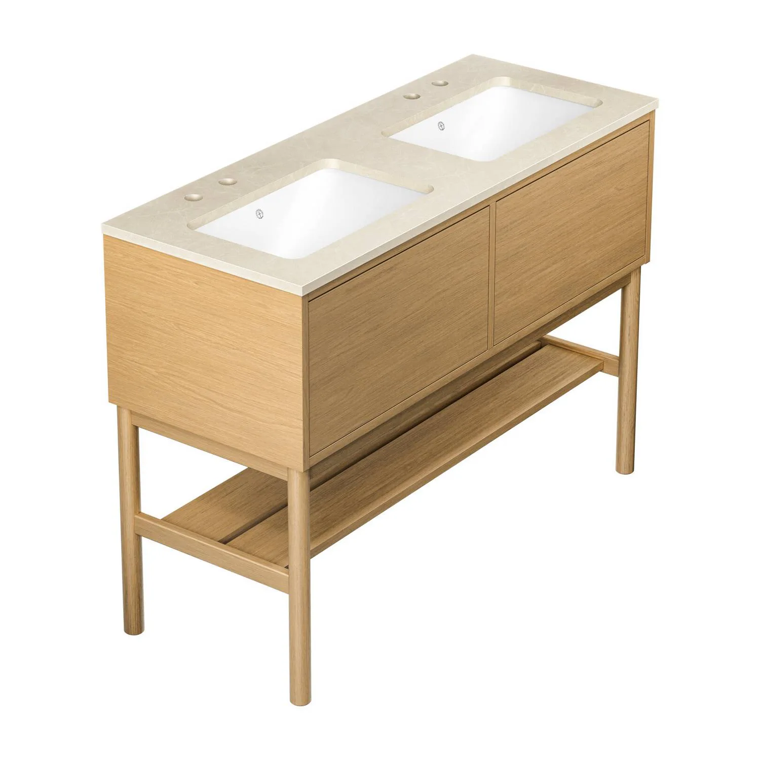Kommod Ducentic Ljus ek - 120 cm. Stenbänkskiva med 2 hoar, Ljus Ek, Hål för 2 st Dubbelhålsblandare, Beige Royal