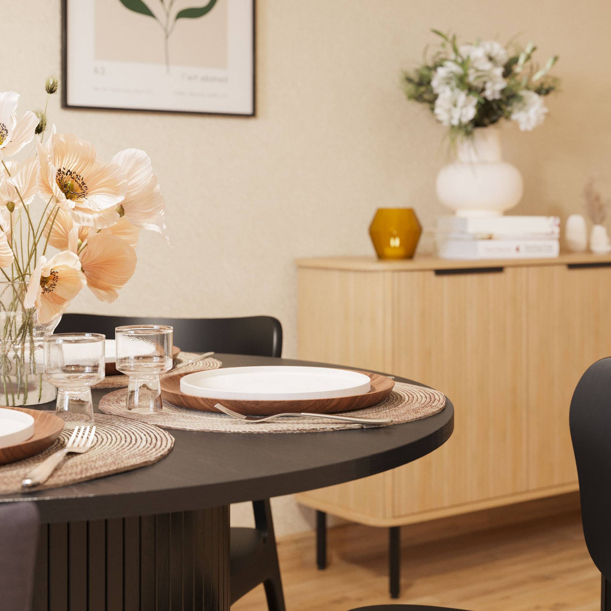 Matgrupp Bark Kopparbo Runt Matbord 106-156 cm Förlängningsbartt med 4 Jerup Matstol