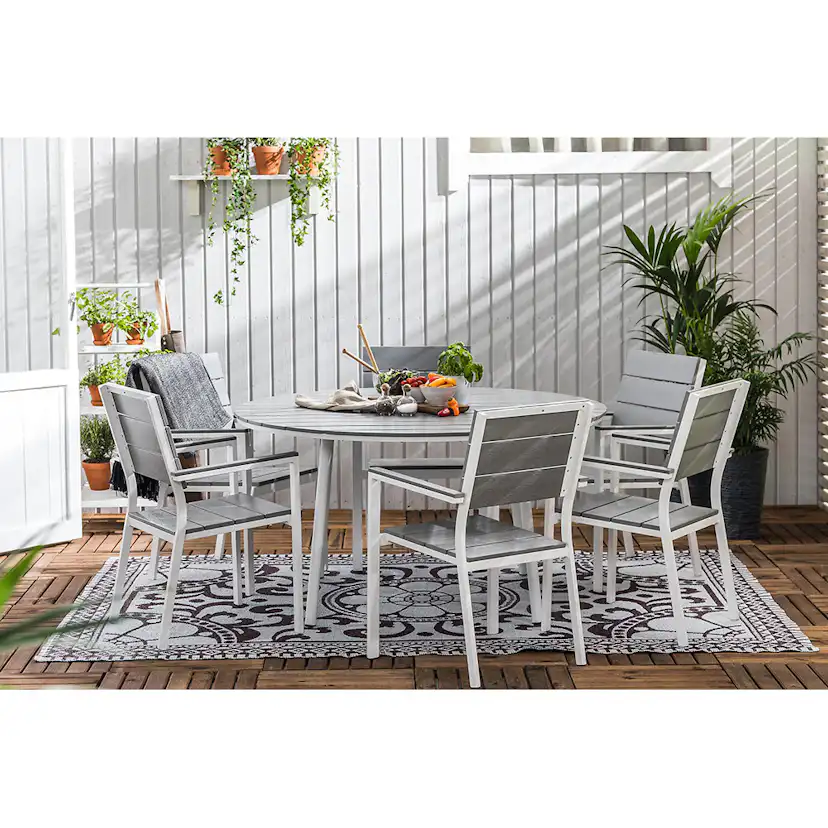 Matgrupp Utomhus Comfort Garden Tunis Rund 140 med 6 StapelTrädgårdsstolar Aintwood