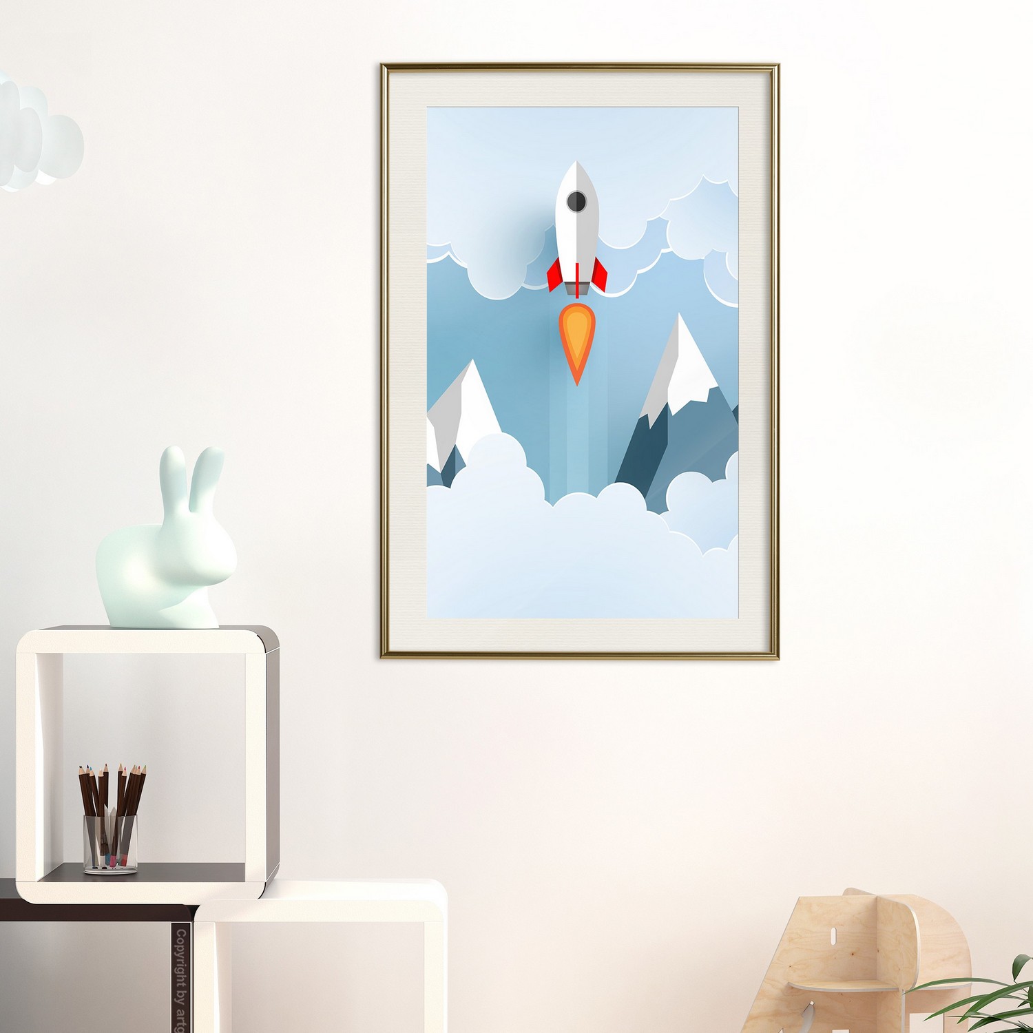 Affisch - Rocket in the Clouds [Poster] 20x30 Guld ram med passepartout, 20x30 cm