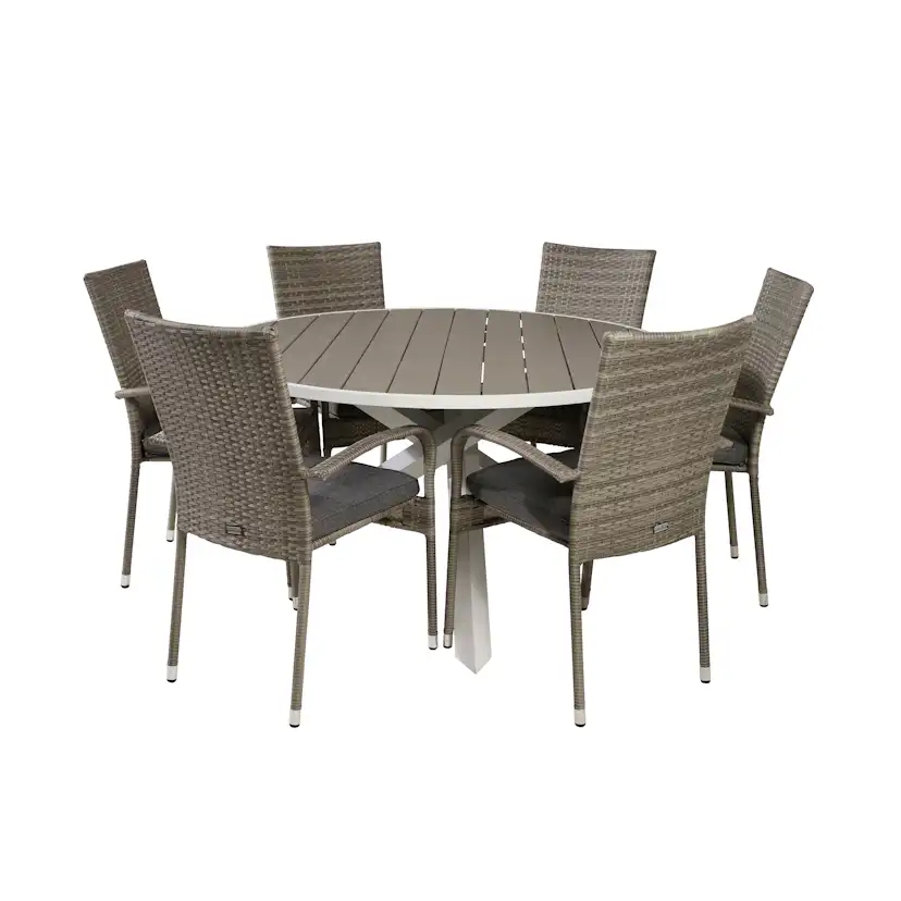 Parma Bord140-Vit Alu/Grå Aintwood+Anna stol(stackable)-Grå6 Grå