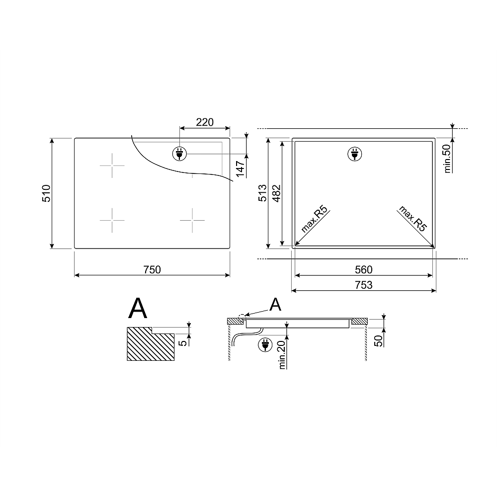 Induktionshäll Smeg SI1M24744D med 4 kokzoner Svart 75 cm