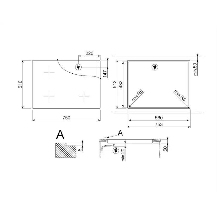 Induktionshäll Smeg SI1M24744D med 4 kokzoner Svart 75 cm