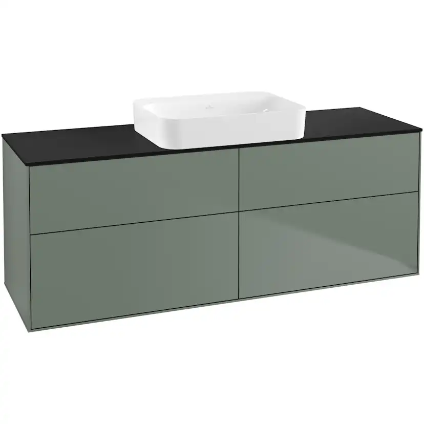 Tvättställsskåp Villeroy & Boch Finion G73200GM Oliv Mattlack B: 1600 mm med bänkskiva i Mattsvart glas med Väggbelysning utan Blandarhål