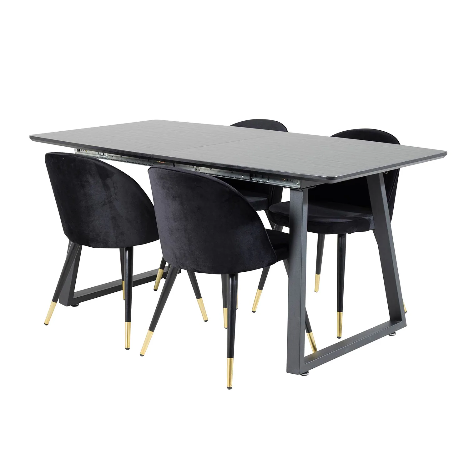 Inca Extentiontable-Black top/Velvet Chair-Black / Black_4 Svart/Svart/Mässing