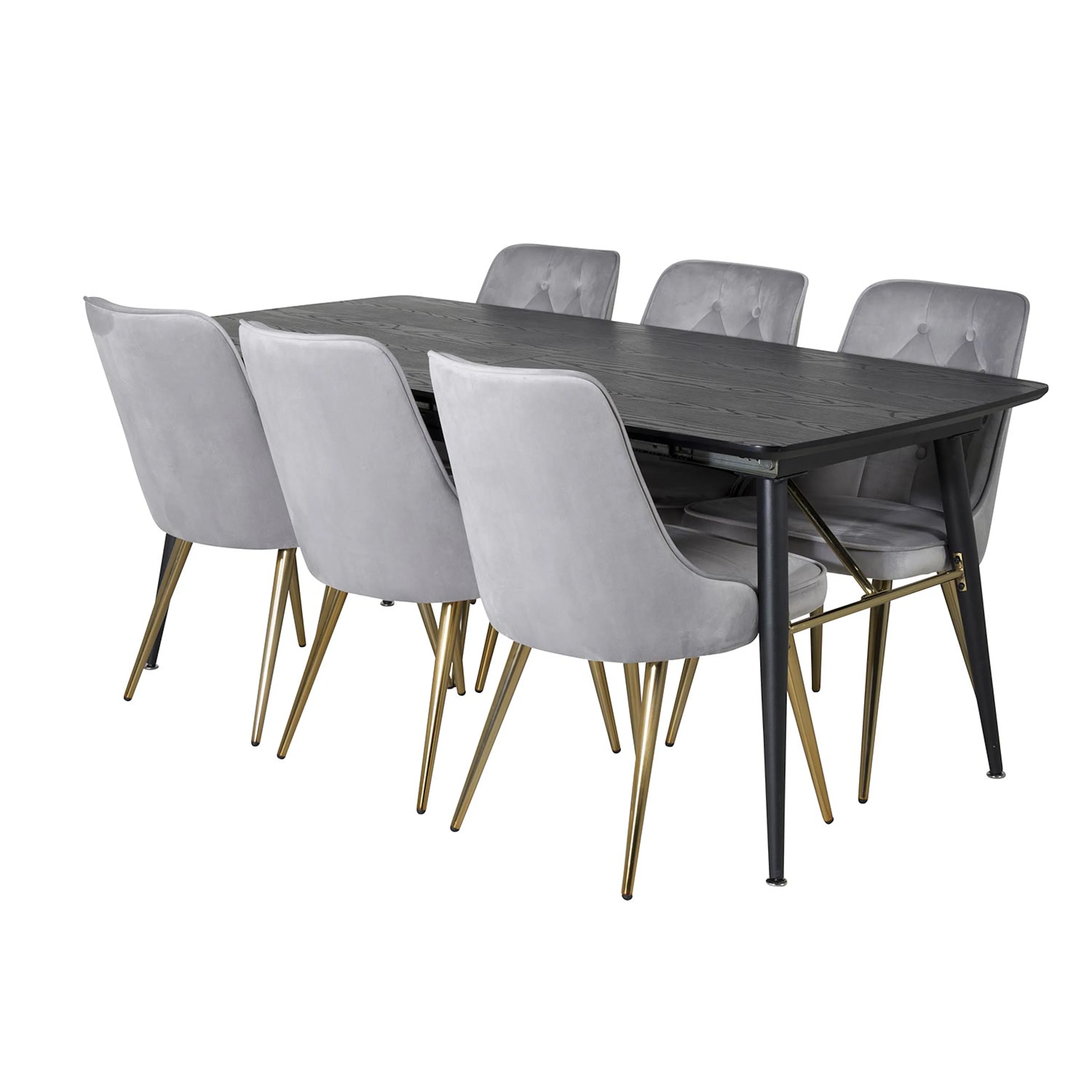 Gold Extention table -Black Veneer +Velvet Chair-Brass_6 Svart/Ljusgrå/Mässing, Sammet
