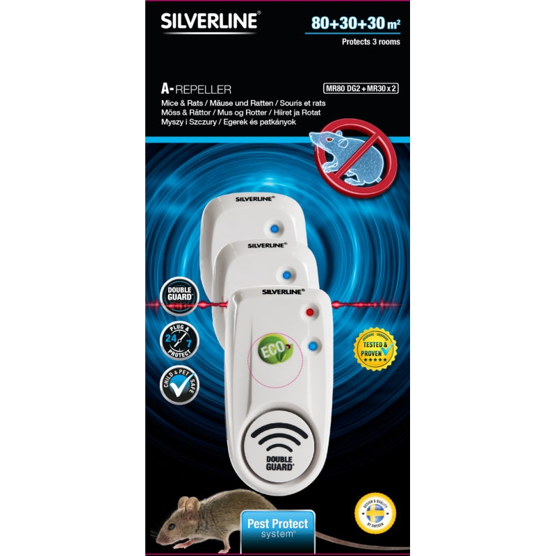 Skadedjursbekämpning Silverline Mus- & Rått Avskräckande MR80 DG2+MR30x2 Ultraljud A-Guard & Electro Pulse