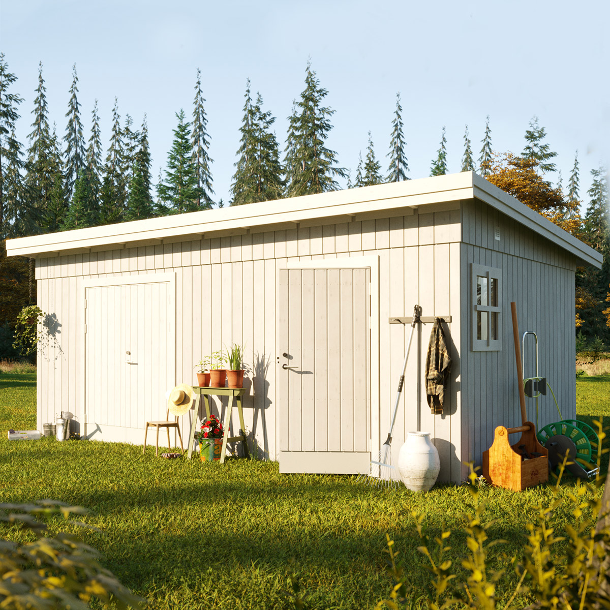Förråd Palmako Kalle 16,9 m² Redskapsbod i Trä med Pulpettak & Dubbla Dörrar