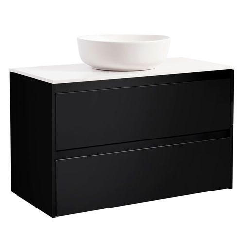 Luxor 90Sv. Bs Vit+Ts Rundvit Färg Tvättställsskåpet: Matt Svart, Färg Bänkskiva: Vit, Färg Tvättställ: Vit - B: 908 mm, H: 737 mm, D: 470 mm