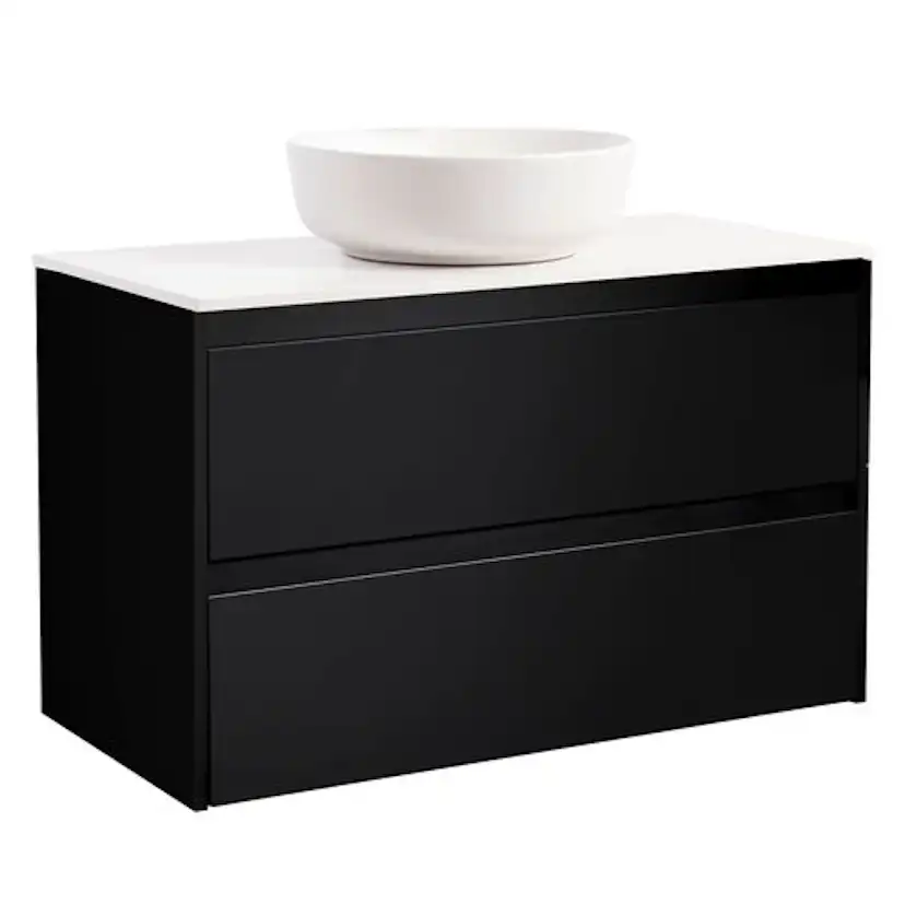 Luxor 90Sv. Bs Vit+Ts Rundvit Färg Tvättställsskåpet: Matt Svart, Färg Bänkskiva: Vit, Färg Tvättställ: Vit - B: 908 mm, H: 737 mm, D: 470 mm