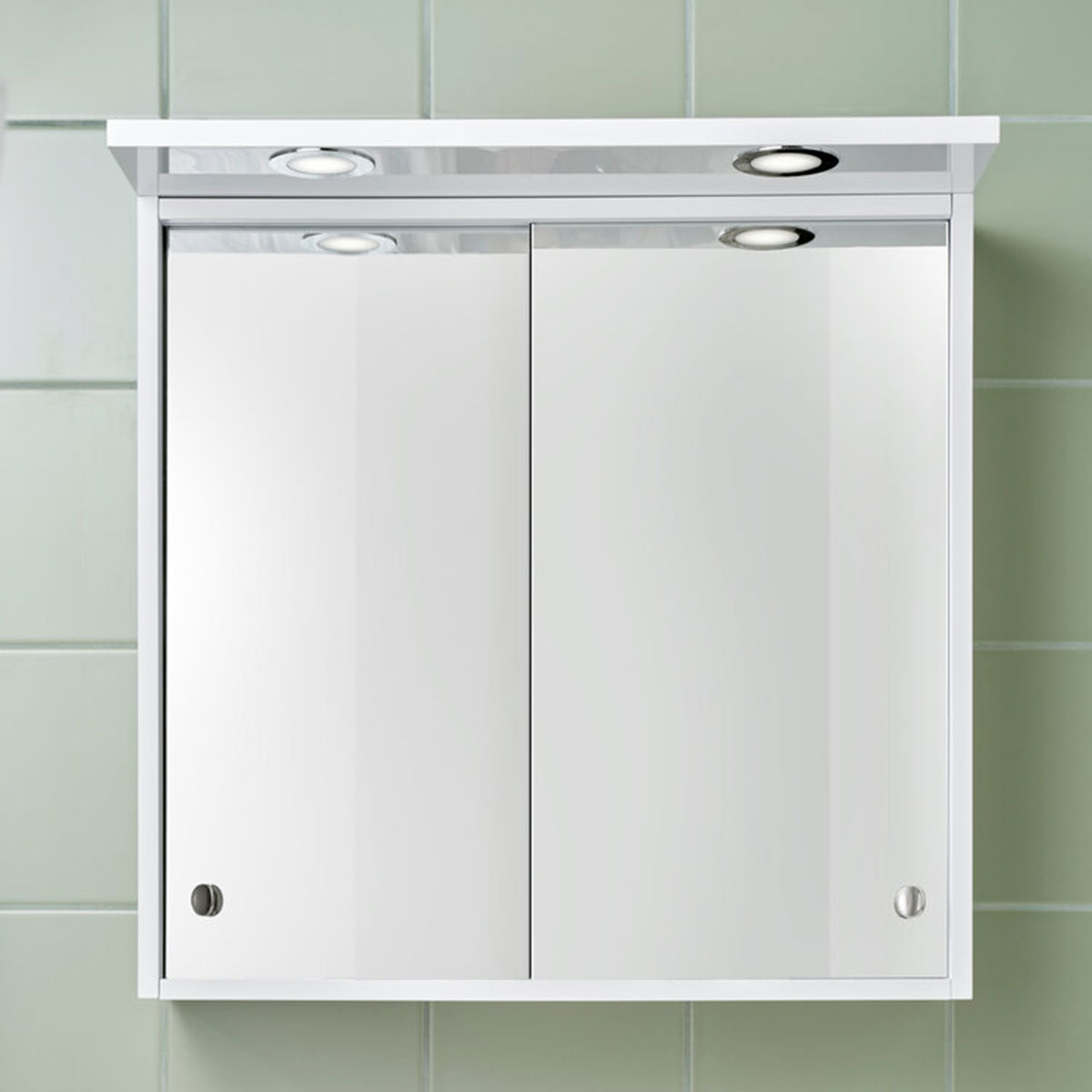 SPEGELSKÅP BASIC AQUA VIT HÖGBLANK LED2 ELUTTAG BxHxD: 598x594x270 mm, Med eluttag & toppbelysning, 2 st spotligths