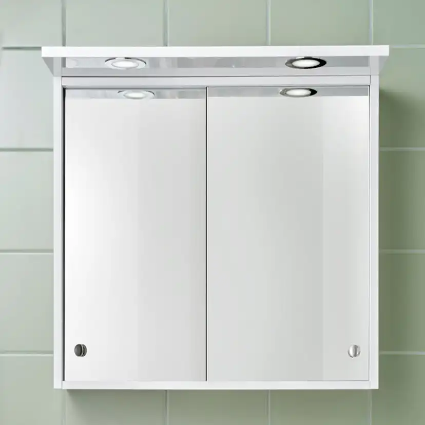 SPEGELSKÅP BASIC AQUA VIT HÖGBLANK LED2 ELUTTAG BxHxD: 598x594x270 mm, Med eluttag & toppbelysning, 2 st spotligths