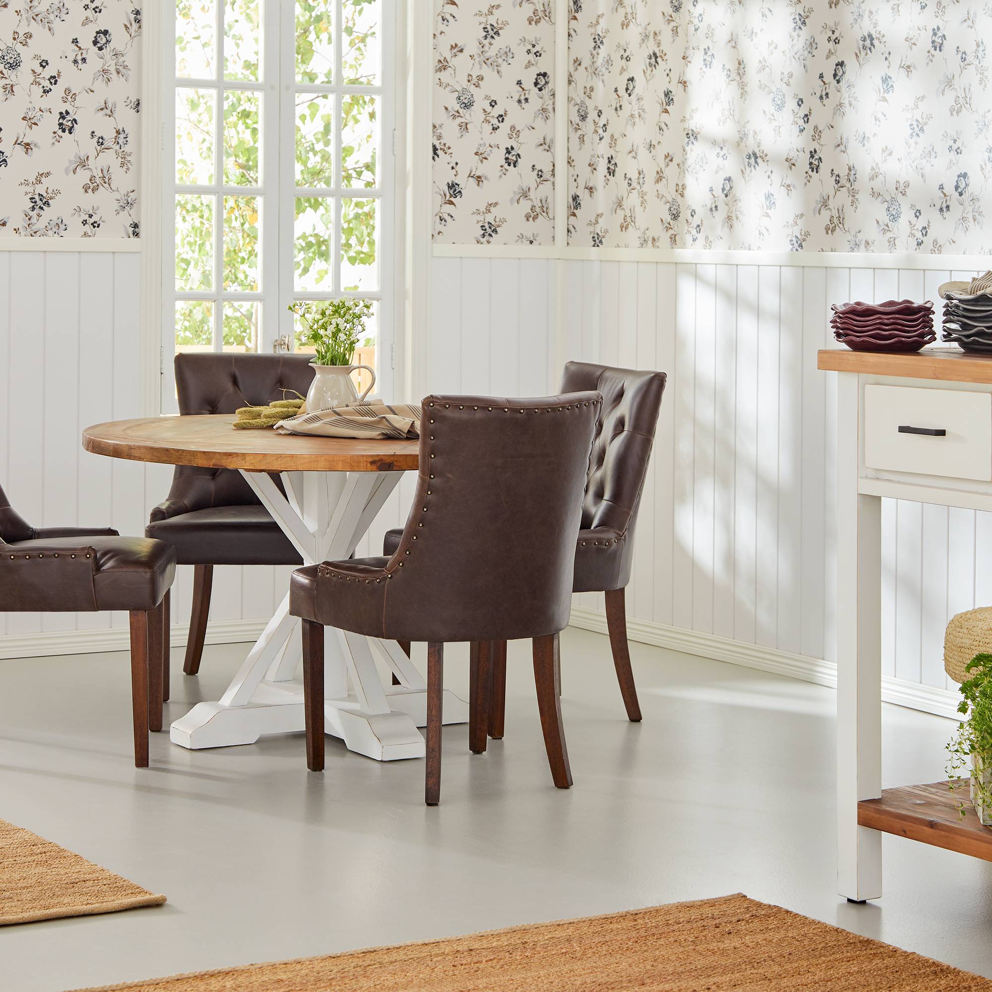 Matgrupp Bloomington Lyon Runt Matbord 120 cm Vit Bas med 4 Tuva Matstol Konstläder