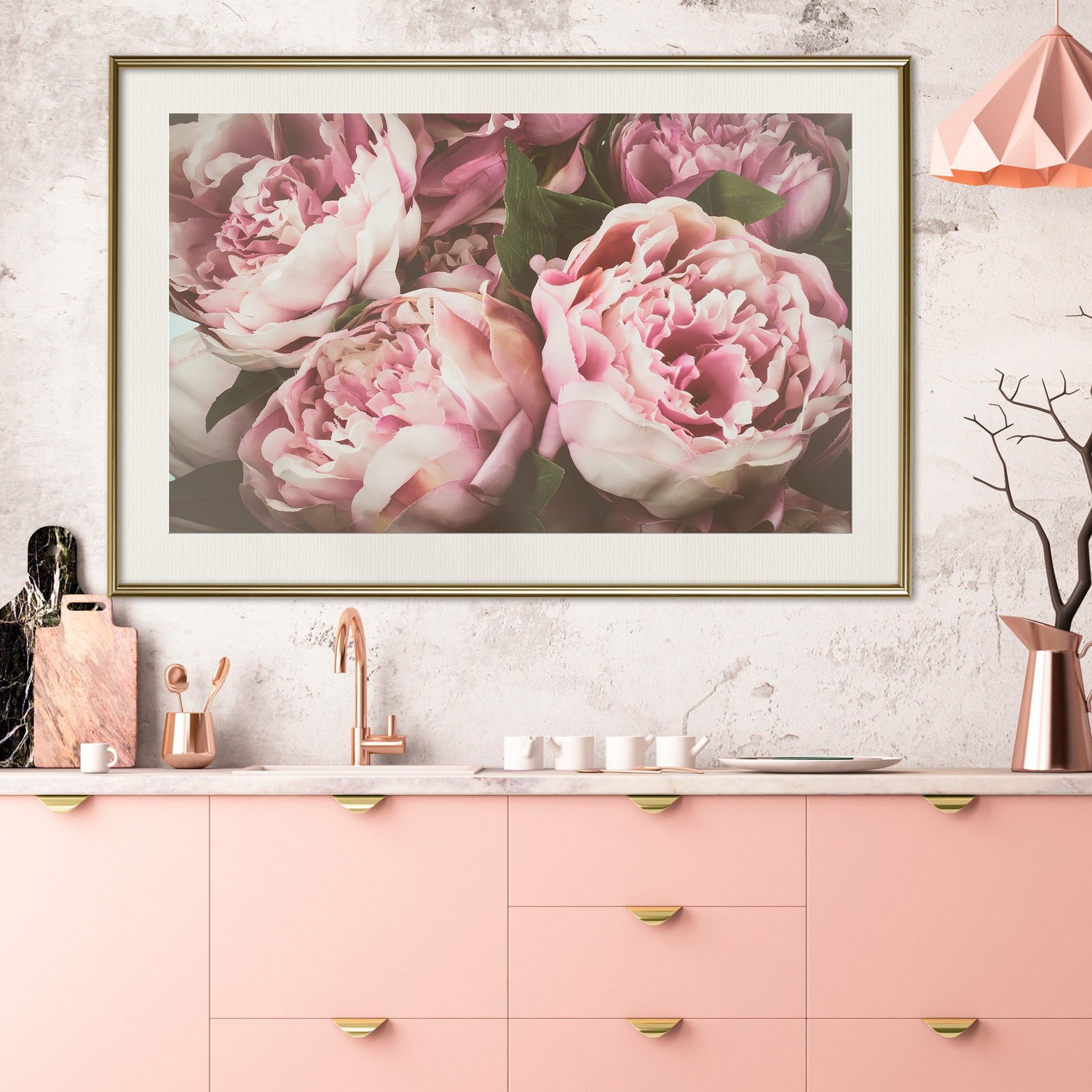 Affisch - Pink Peonies [Poster] 60x40 Guld ram med passepartout, 60x40 cm