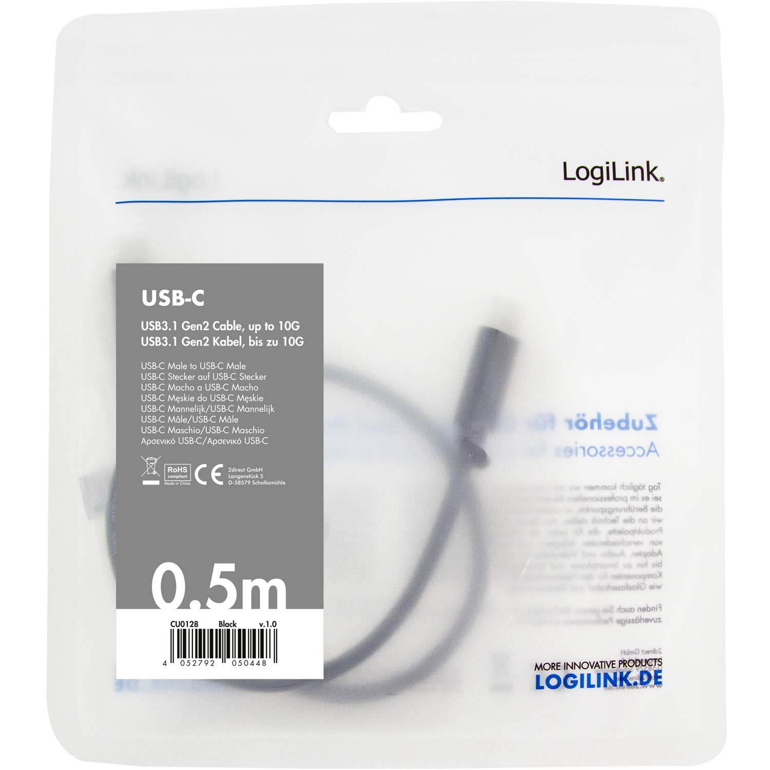 USB-C-kabel LogiLink USB 3.2 Gen2 4K/60Hz 100W 0,5 m
